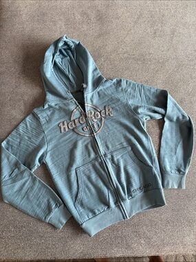 Hard Rock Cafe Chicago Slate Blue Full Zip Front Hoodie with 3D Logo sz S